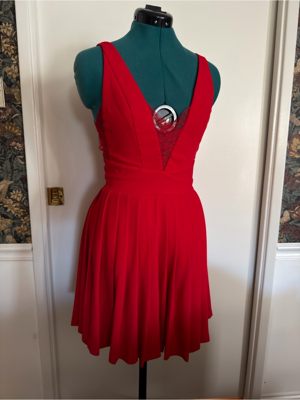 NOAM Hanoch - Red V-Neck Lace Inset Fit & Flare Dress - Size 2